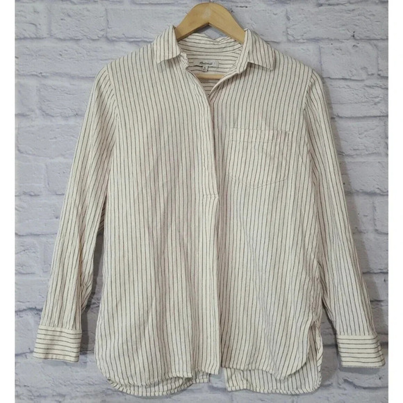 Madewell Flannel Grandpa Pullover Shirt Womens XS Cream Red Striped Button Back - Picture 1 of 7